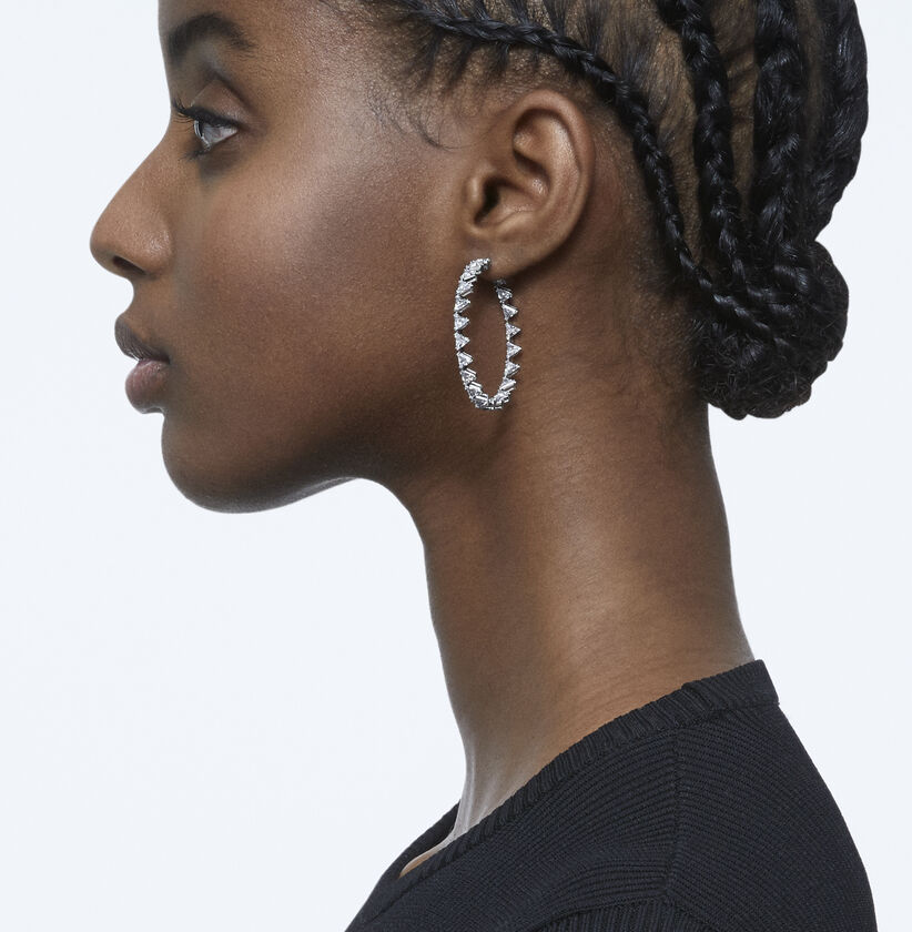 Millenia hoop earrings, Triangle Swarovski zirconia, White, Rhodium plated